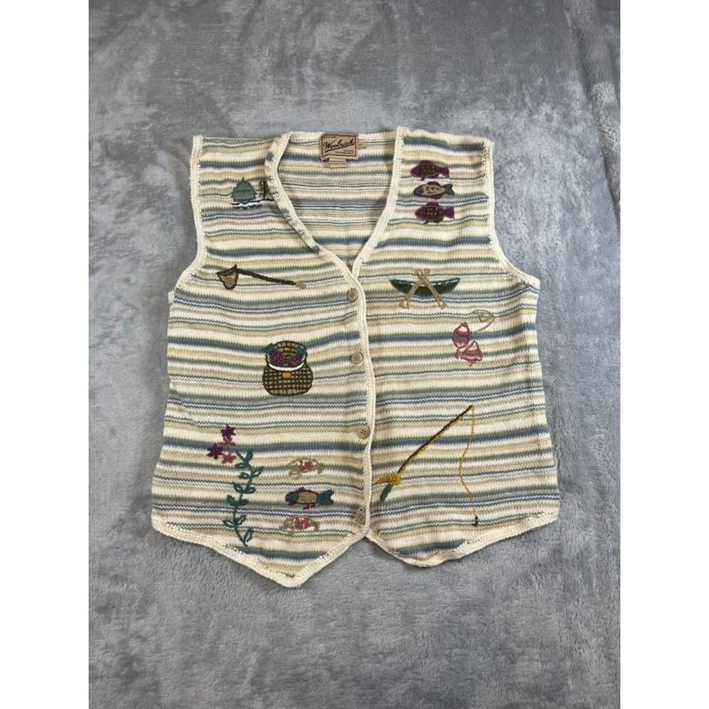 Woolrich Large Hand Embroidered LINEN Bld Sweater Vest Ivory Fishing